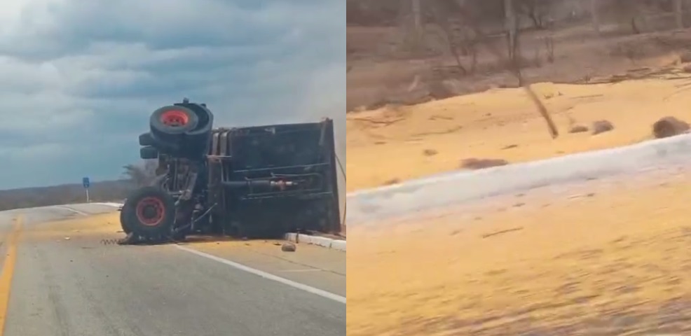 População do Ceará aproveita acidente para saquear carga de milho de caminhão tombado