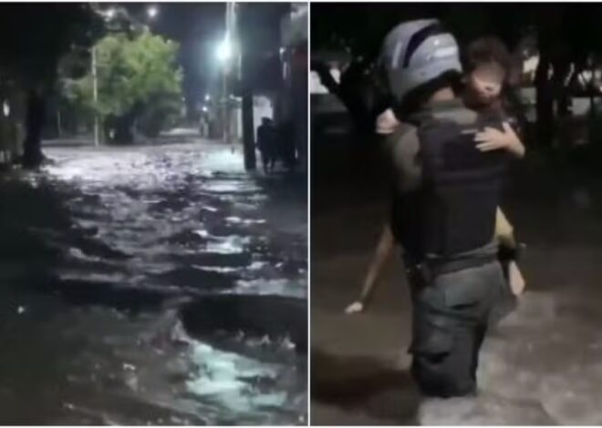 PM salva mãe e filha de enchente em avenida de Fortaleza durante tempestade intensa