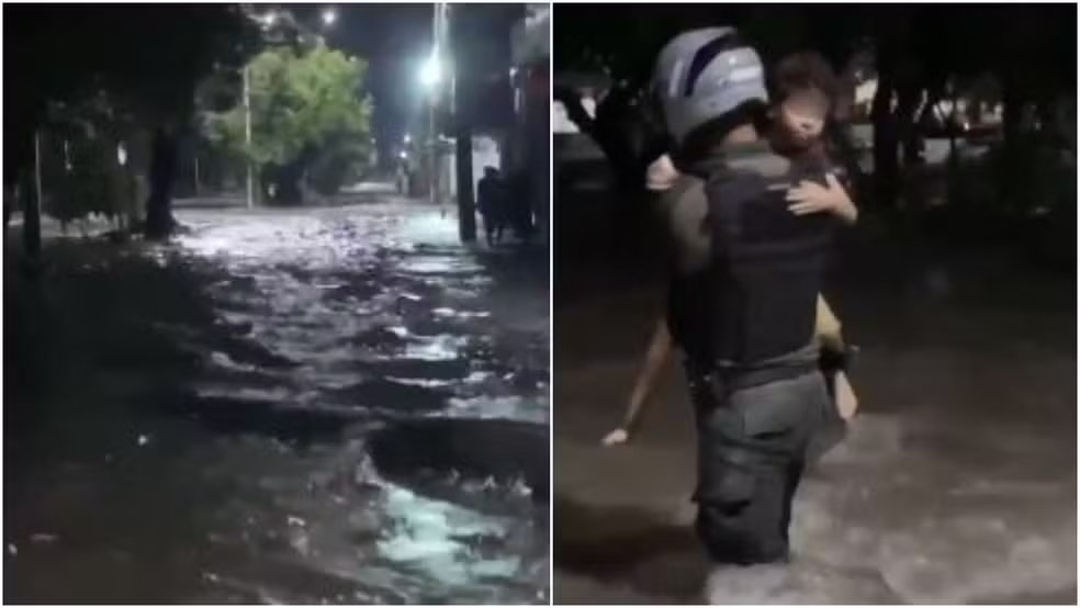 PM salva mãe e filha de enchente em avenida de Fortaleza durante tempestade intensa